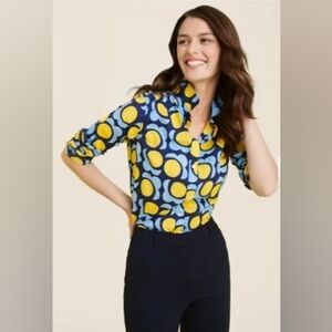 J. McLaughlin Navy Shirt with Yellow & Light Blue Floral Motif Size Medium